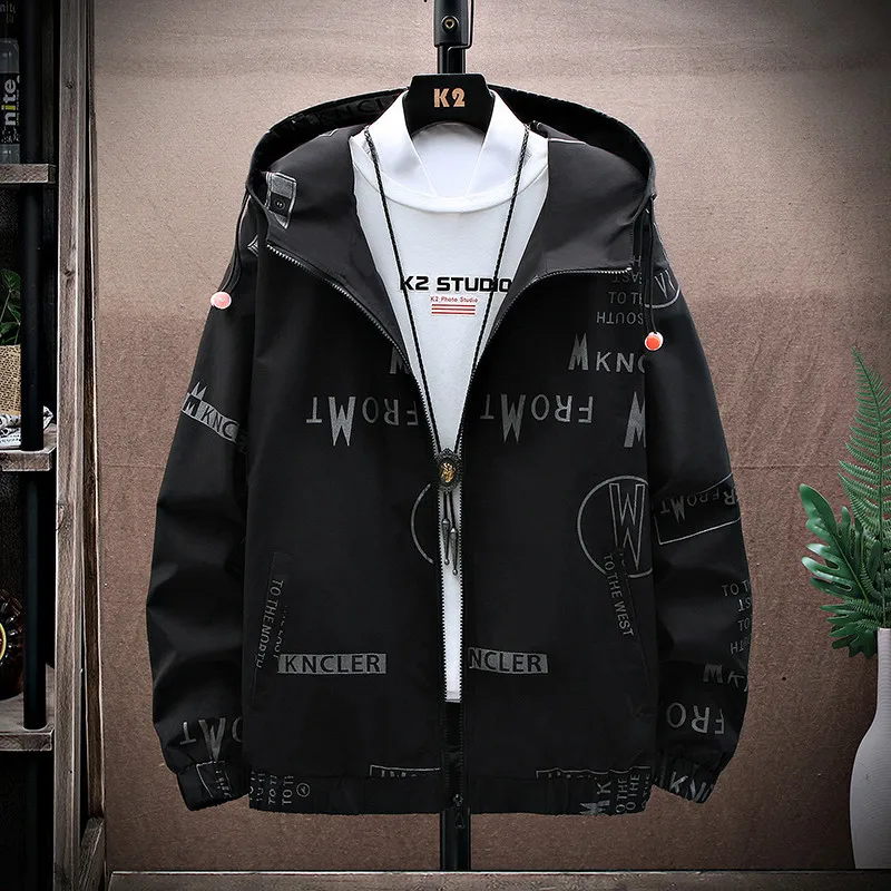 Loose 9XL Jackets For Men Hooded Windbreaker 8XL 7XL Young Plus Size Puber Black Autumn White Pattern Streetwear Male Big Coats