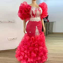 Gorgeous Ruffles Mermaid Prom Dresses Lace Appliques Puffy Sleeves Long Evening Gowns Aso Ebi Arabia Women Formal Party Dress