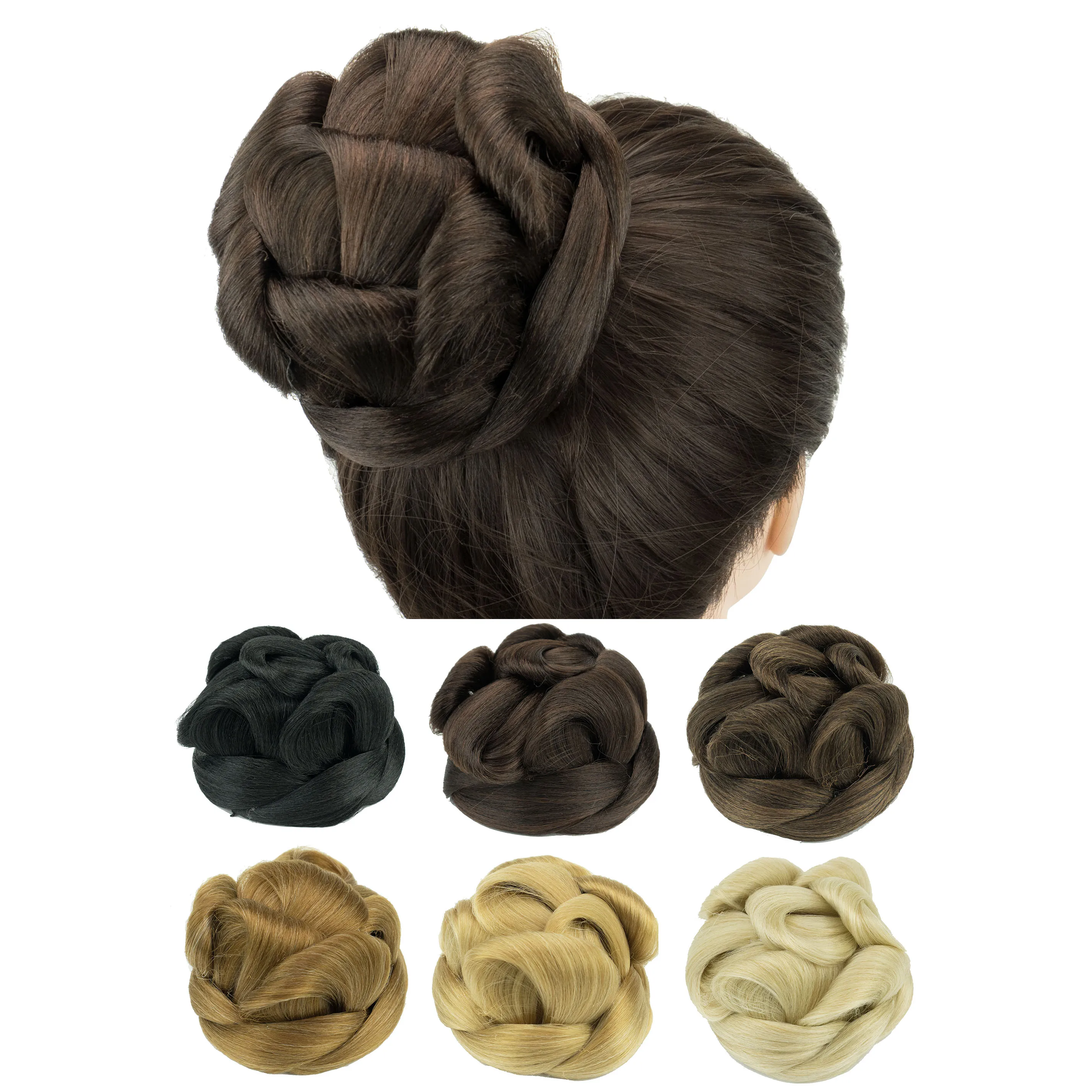 Soowee Synthetic Hairpieces Braided Chignon Black Fake Hair Bun Clip Curly Bun Cover Hair Pieces Scrunchies for Women