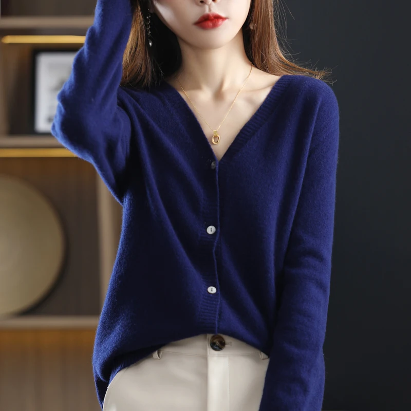 100% Pure Wool Women Cardigan Sweater 2022 Spring Autumn Fashion Soft Knitted Cardigan Women\'s Solid Loose Large Size Cardigans