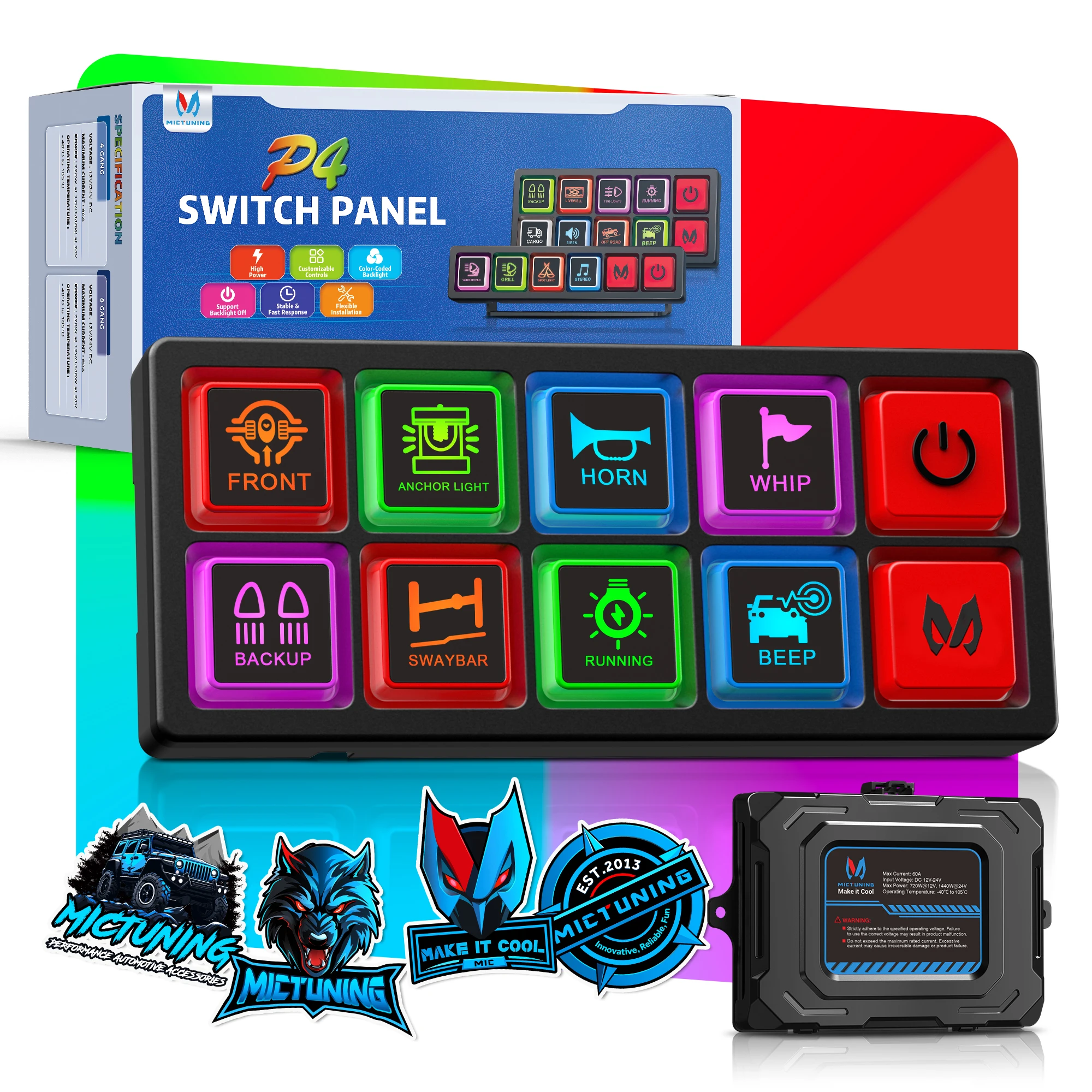 

MICTUNING P4 Neon 8-Gang Switch Panel Relay Universal System Box, LED Backlit Silicone Buttons, Toggle On-Off Touch Pod