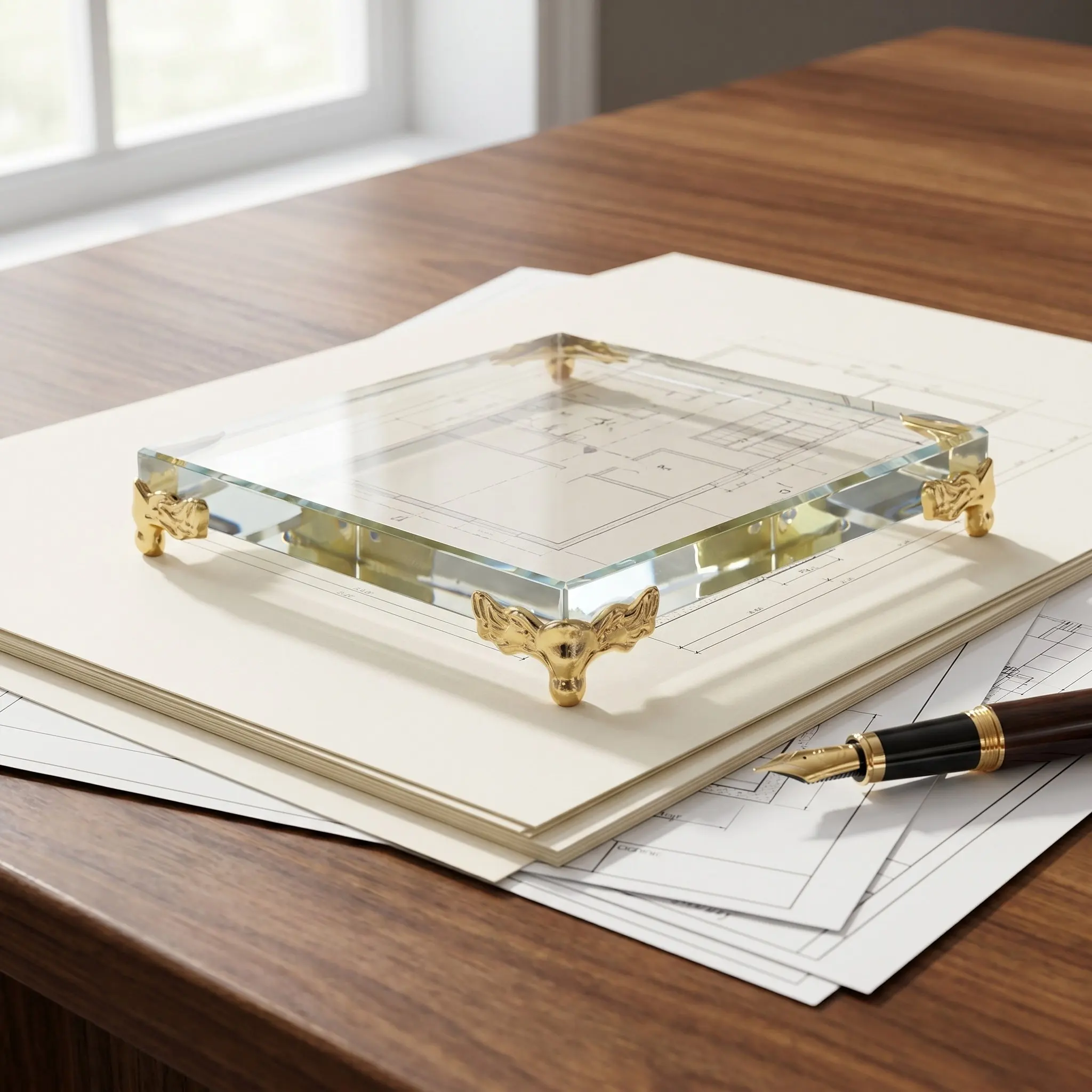 Square Crystal Paperweight Clear Metal Edge Decorative Crystal Block Paperweight Block Jar Stand Jewelry Display Base