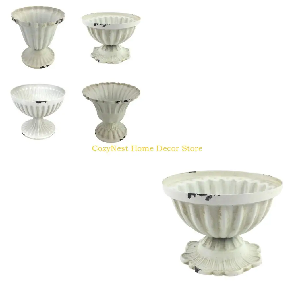 92MF Pedestal Metal Vases with Antique Weathered Distressed White Finish