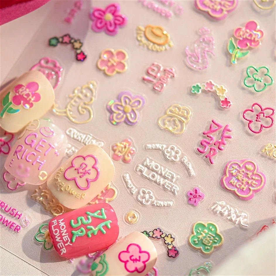 Chinese New Year Rich Coin Yuanbao Snake Nail Art Stickers Glitter Cartoon Graffiti Pink Flower Line Rhinestones Manicure Decals