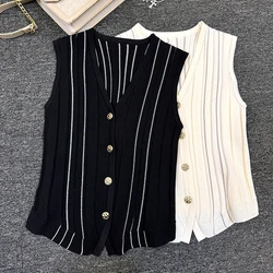 Gold Button Knit Vest Top Sleeveless V-Neck Knit Crop Sweater Vest Women Teen-girl Summer Trendy French Chic Outfit