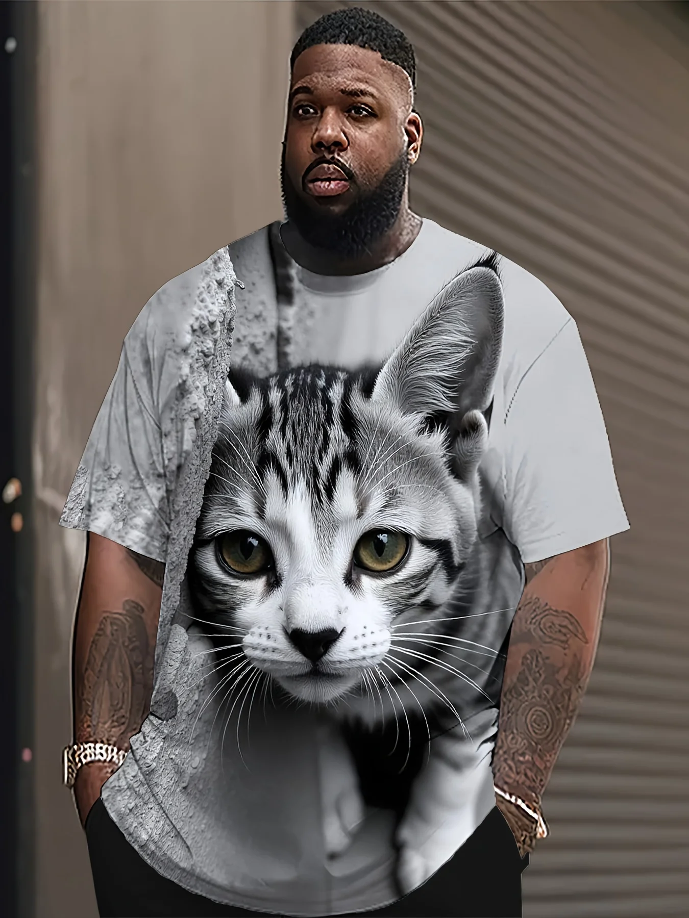Men's 3D Peeking Tabby Cat Print T-Shirt Grey Realistic Kitten Animal Crew Neck Short Sleeve Tee