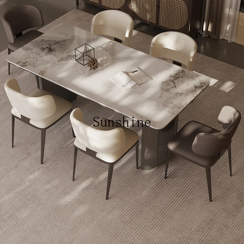 

Dining table and chairs living room modern simple rectangular Italian light luxury rock slab small apartment dining table