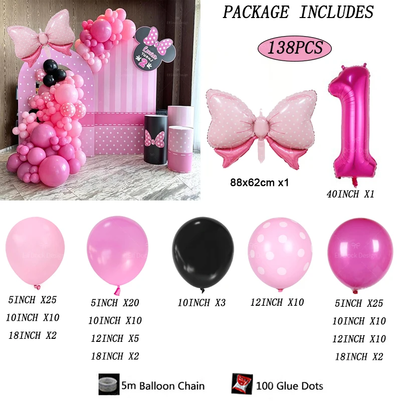 138-teiliges Cartoon Mini-Ballon-Girlanden-Set Rosa Schleifenballons Rosenrote Zahlen Mädchen Geburtstagsparty Deko Baby-Shower Geschenke Zubehör – Detail 3
