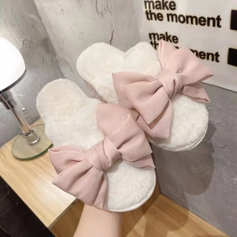 Nuove donne invernali Home Bow pantofole in peluche fodera in cartone animato Fluffy Cozy Flat Cute Warm Faux Fur suola antiscivolo scarpe da donna