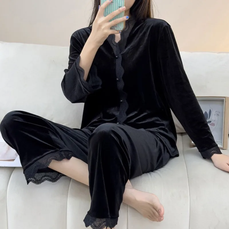 

Бархатные пижамные комплекты, женские милые кружевные эстетические шикарные пижамы в стиле ретро во французском стиле, элегантные женские осенне-зимние уютные домашние пижамы