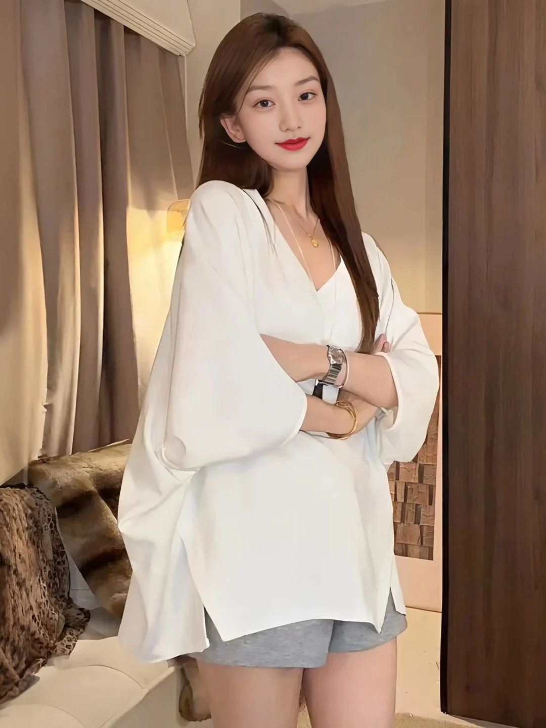 plus Size Asymmetrical Short Sleeve V-Neck Batwing T-Shirt Women's Loose Fit Summer Casual Style Top Cover up Slimming
