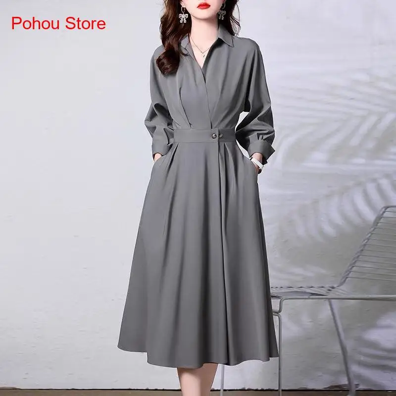Autumn Women's Long Sleeve Shirt Dress New Waist Cinched Pleated Dress Unique Long Dress