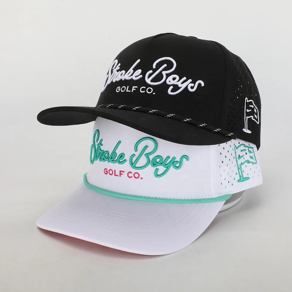 50個卸売カスタム高品質刺繍ロゴ5パネルスポーツゴルフハット、ホワイトポリエステルゴラス、レーザーカット穴野球帽