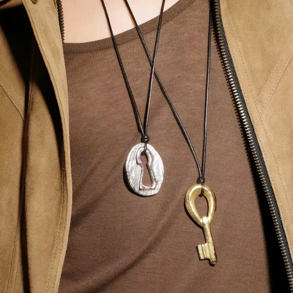 fashion-secret-key-lockhole-leather-cord-necklace-unique-two-tone-gold-silver-layering-adjustable-pull-long-sweater-chain