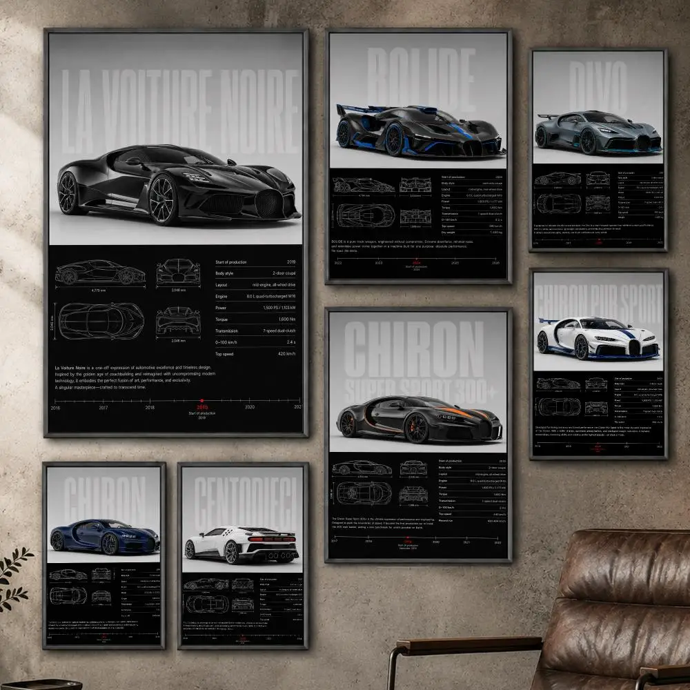 Auto Bugatti Hypercar Supercar Poster  PP Self Adhesive Home Garage Dorm Bar Wall Decor Aesthetic Retro Gift