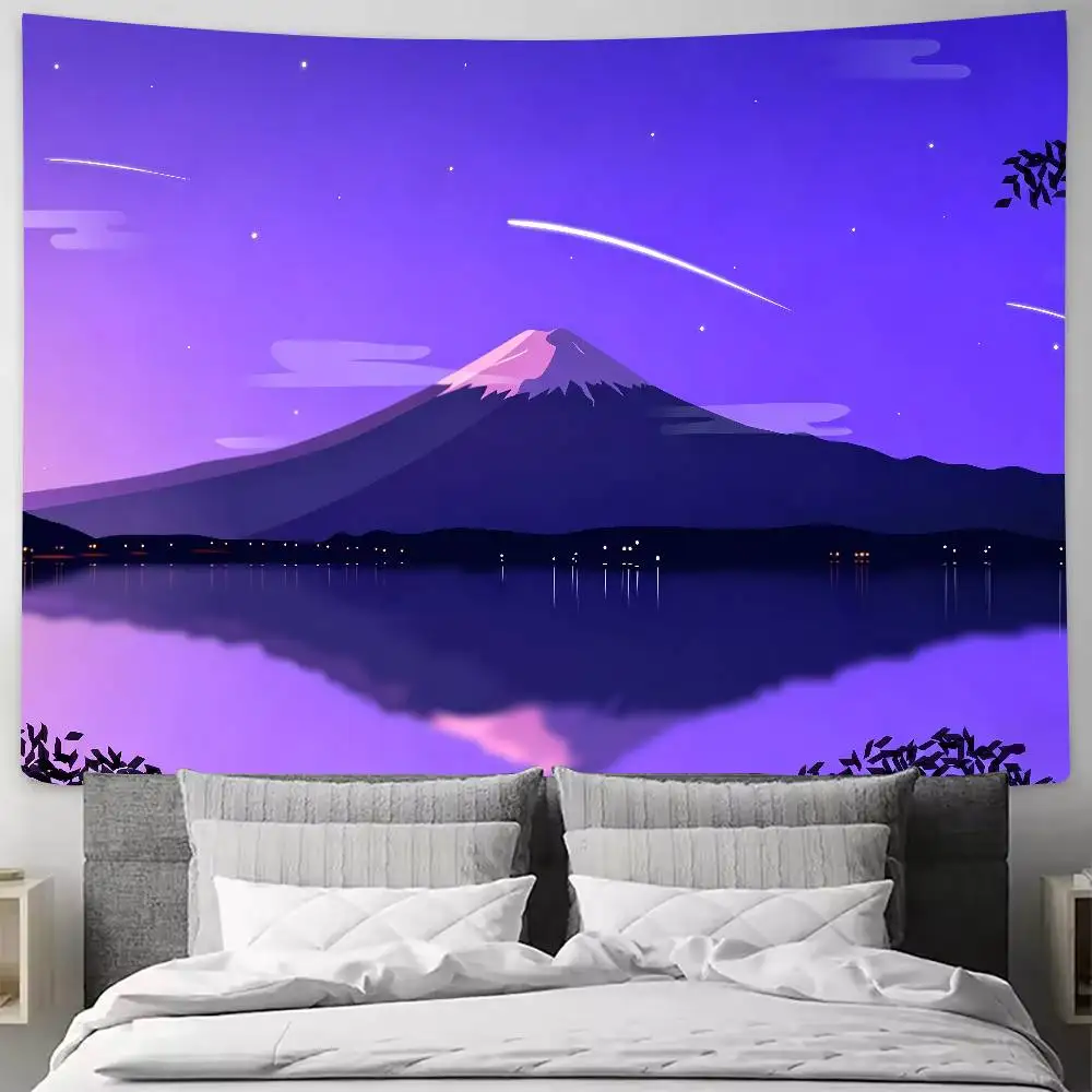 Purple Fuji Mountain Tapestry Wall Hanging Japanese Mount Fuji Starry Night Scene Landscape Decor Bedroom Living Room Dorm