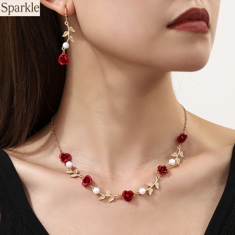 

Retro Rose Pearl Flower Earrings and Necklaces Set Elegant Fashion Jewelry Set for Women Clavicle Chain Pendant Earring Gift