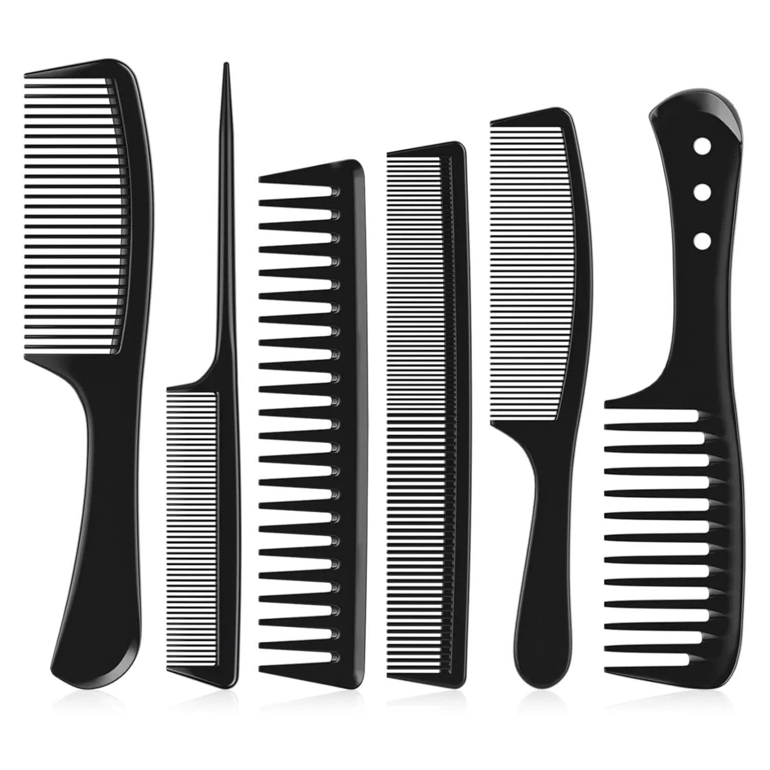 6 PCS Hair Comb Set Black, Durable Wide and Fine Tooth Rat Tail Hair Barber Comb for Women & Man, Professional Combs