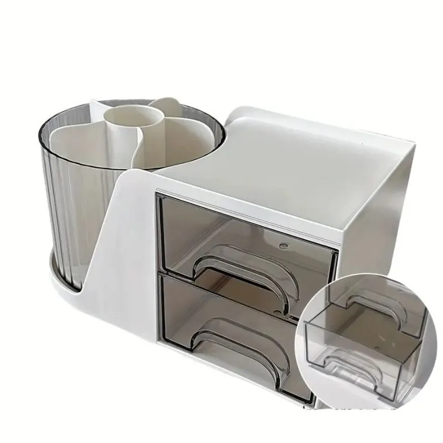 Organizer Rias Berputar 360 dengan Kompartemen Transparan Rak Penyimpanan Kuas Kosmetik Plastik Tahan Lama Orga Rias Hemat Ruang