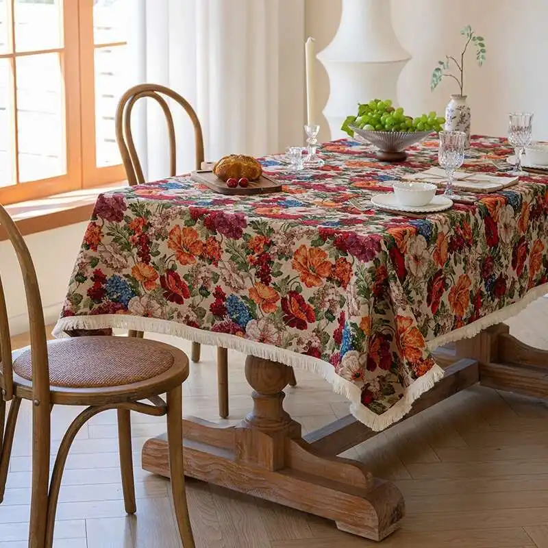 Large Flower Cotton Linen Fabric Tablecloth Dining Table Cloth Oil Painting Coffee Table Cloth