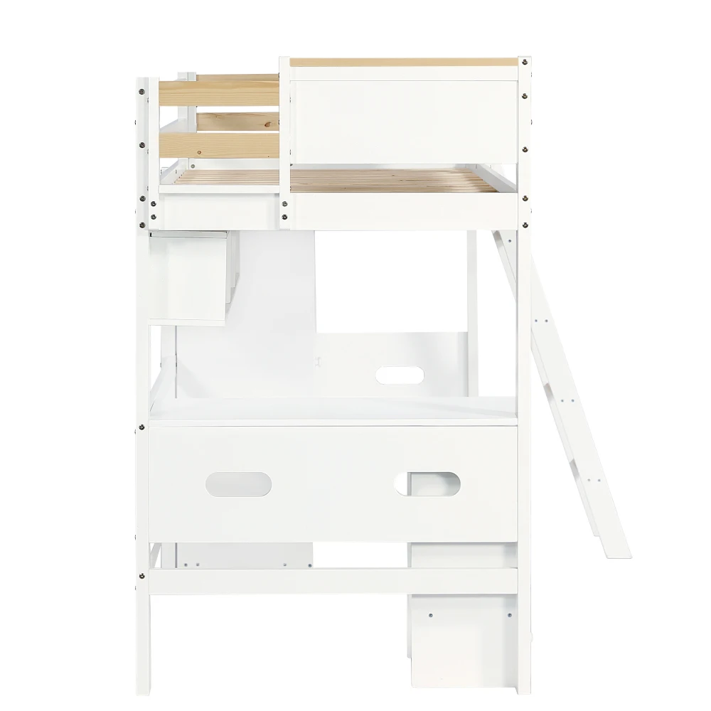 PINGGO Etagenbett für Kinder mit Fallschirmschutzgeländer, Schreibtisch, Kleiderschrank, Stauraum, 4-Stufen-Leiter, Kiefer, MDF, Sperrholz, Weiß, 90x200cm, ohne Matratze – Detail 14