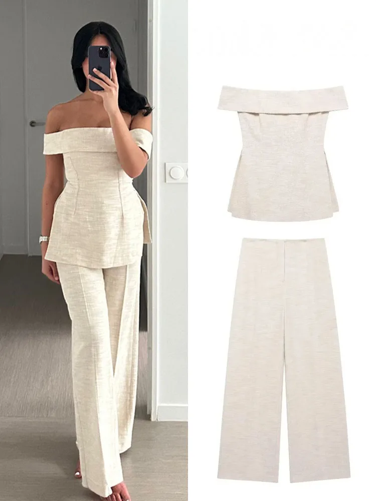 HH Women 2 Piece Set Back Zipper Side Slit Crop Design Slash Neck Casual Top+High-Waisted Zip-up Casual Slim Wide Leg Pants