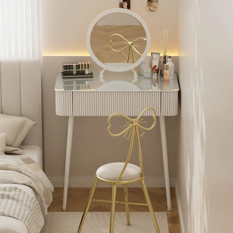 

Small Apartment Simple Modern Dressing Table Bedroom French Cream Style Glass Desk Dresser Integrated Table and Chair Combinatio