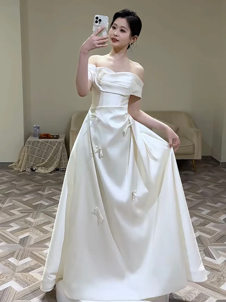 

Ele Simple Bridal Dr One oulder Satin Travel Photoaphy White Knot Ceremony Gown Long Tail Floor Length