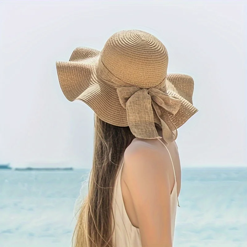 2Pcs/Set Womens Beach Hat Ladies Khaki Wave Beach Sun Hat And Woven Shoulder Bag Combo Perfect For Spring/Summer Beach Vacation