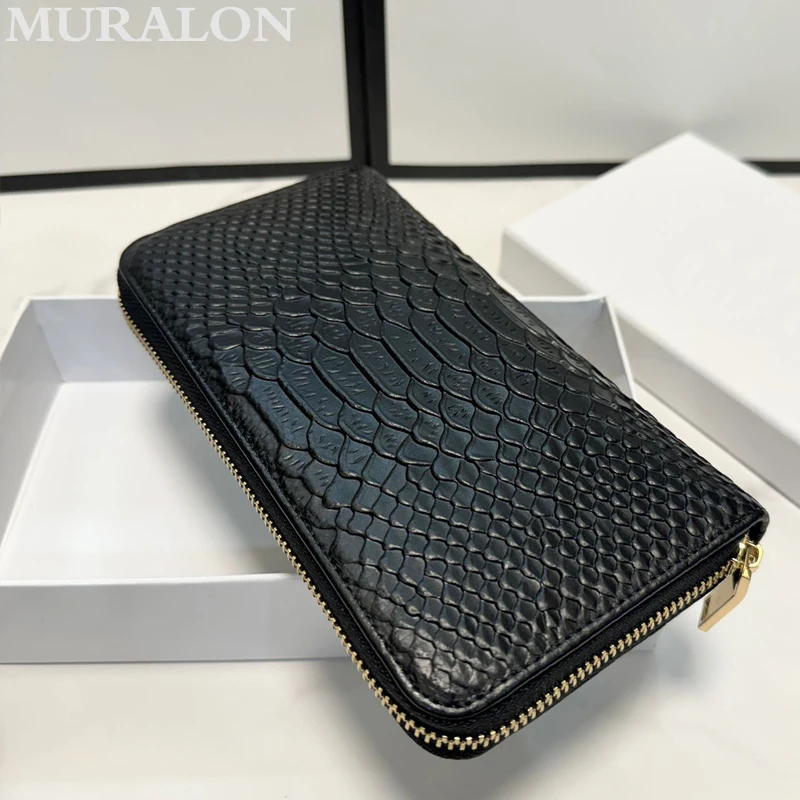 

Crocodile Grain Zipper Wallet Black Cowhide Texture Fashion Trend Retro Elegant Coin Purse 2024 New Card Bag Phone Clutch Bag