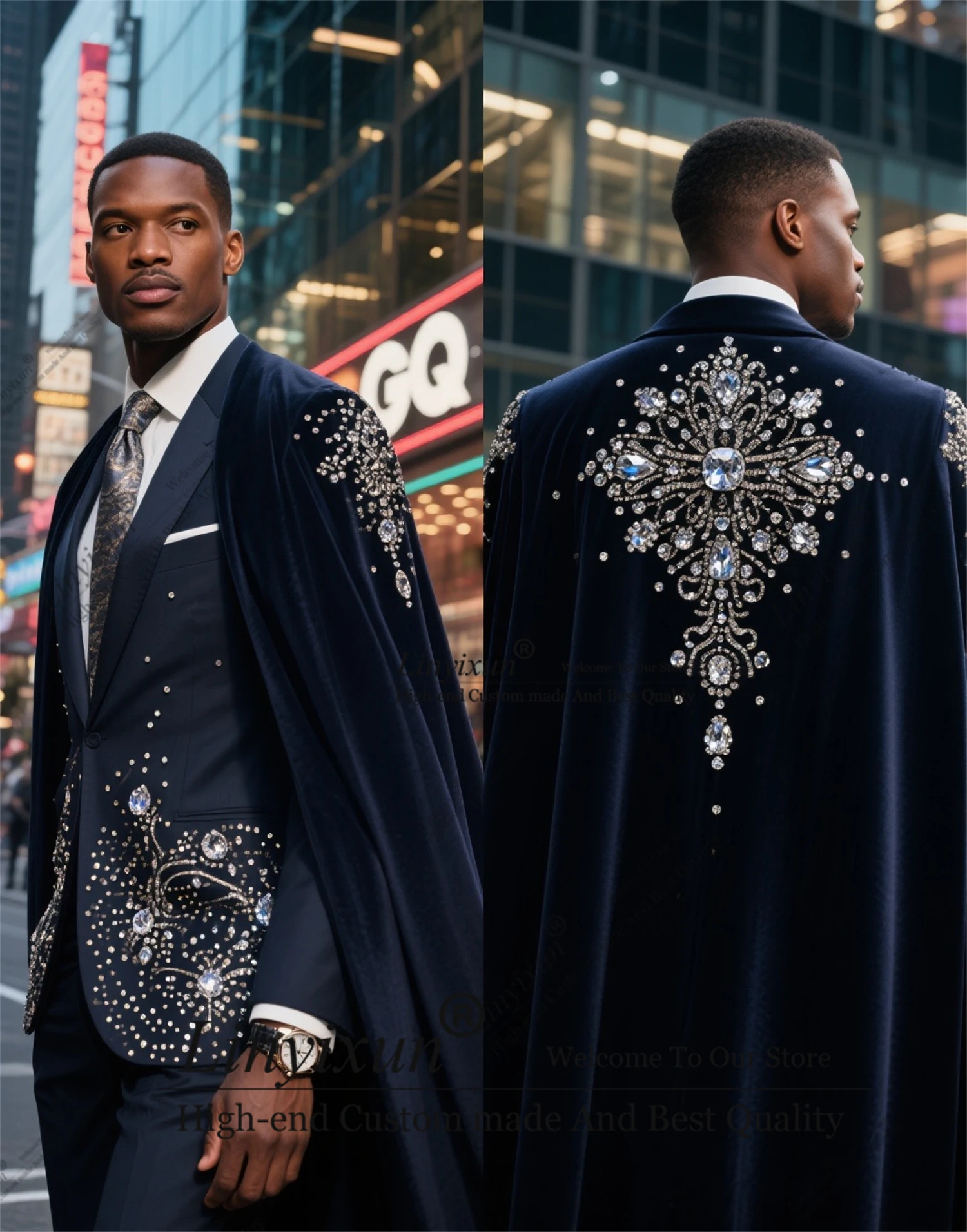 

Stunning Beaded Crystal Men Suits For Wedding Customized Groom Tuxedo 2 Piece Male Prom Blazer Party Costume Homme Wear a cape