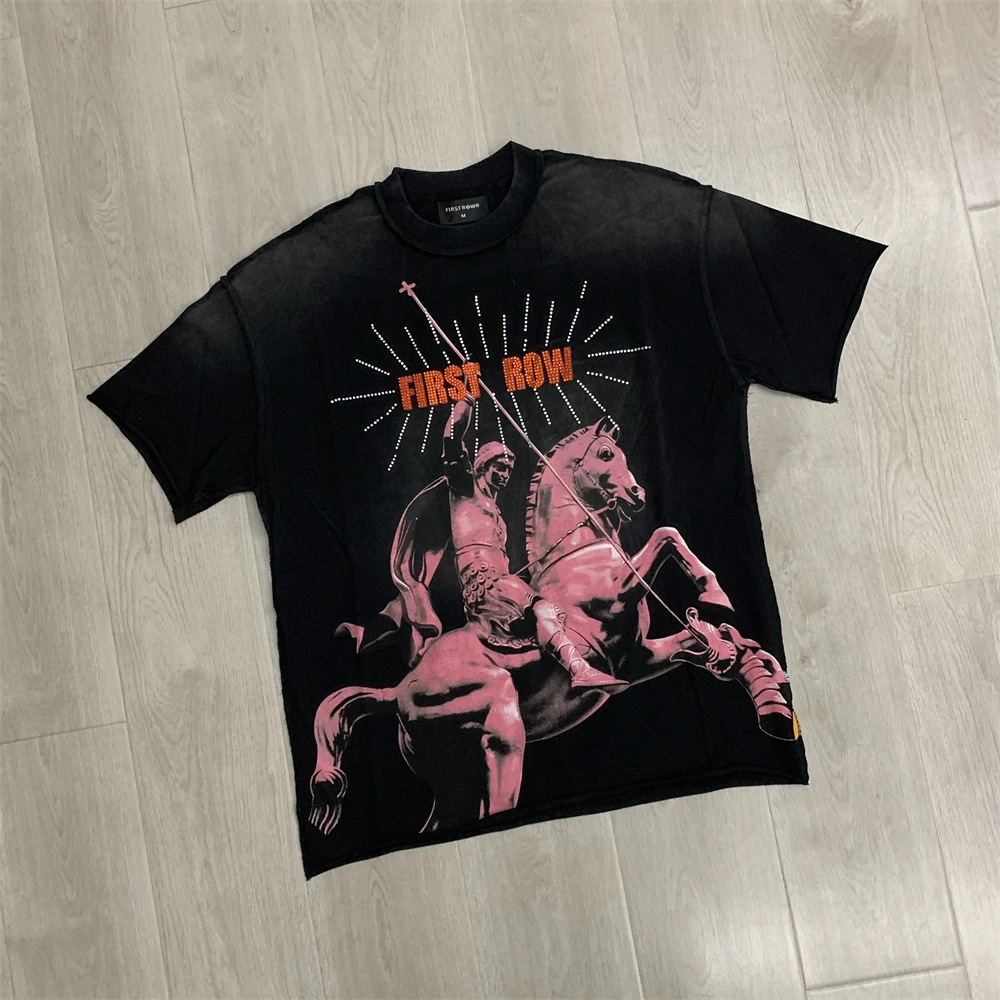 FIRST ROW Rising From Ruins Rhine Stone Graphic Crop T-Shirt Men Women Loose Top T Shirt Tee