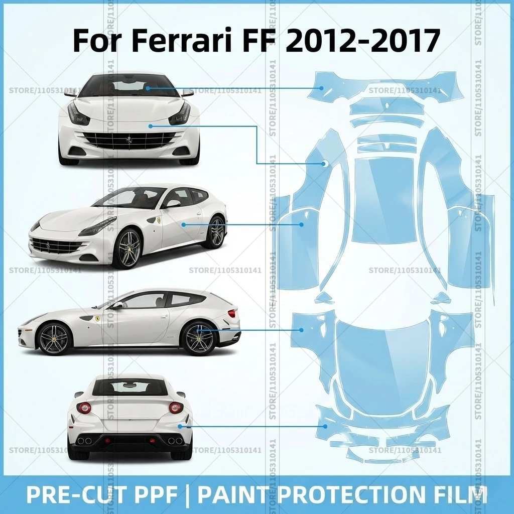 

Для Ferrari FF 2012-2017: Предварительно вырезанная прозрачная защитная пленка (PPF) для автомобиля, профессиональная пленка для полной защиты кузова.