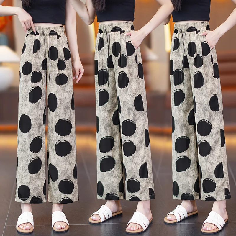 سراويل مريحة منقطة للنساء، سراويل صيفية رفيعة عالية الخصر وفضفاضة ثنيات صغيرة كاجوال مستقيمة الساق