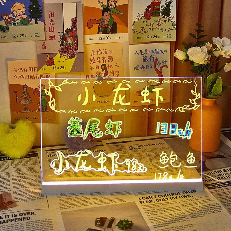 Lavagna per appunti a LED con colori, lavagna cancellabile a secco in acrilico illuminato, bacheca in acrilico, bacheca per appunti in acrilico illuminata con 7 penne