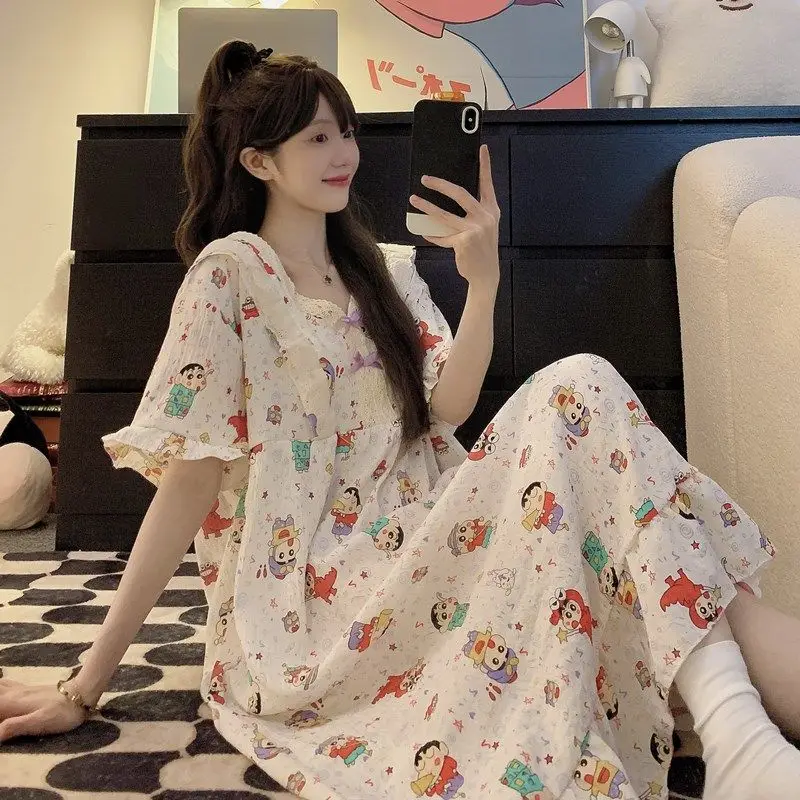 Cute and Sweet Crayon Shin Chan Nightgowns Summer Women Short Sleeves Sleepwear Kawaii Cartoon Girls Long Night Dress Loungewear