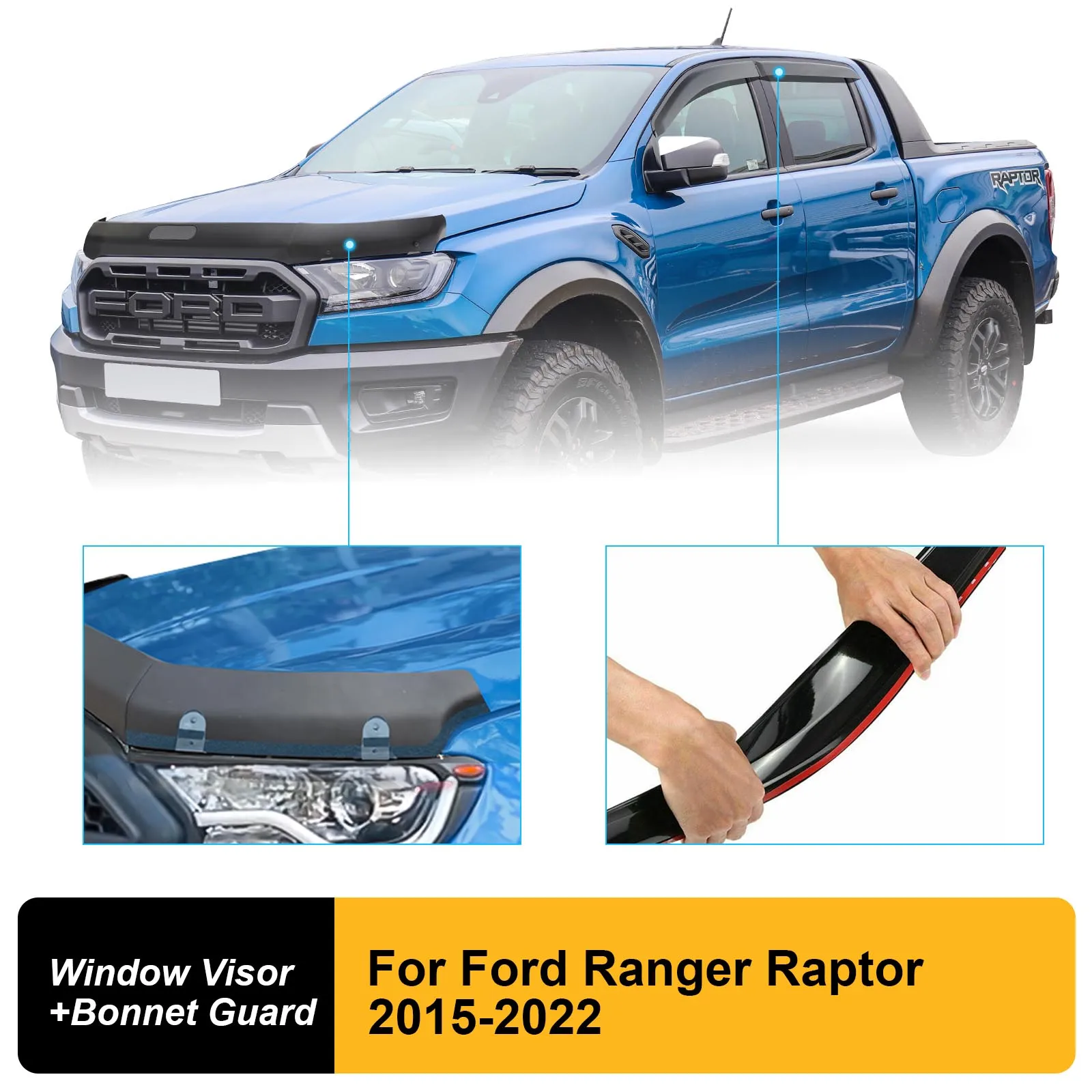 WeatherShield Window Visor+Bug Hood Bonnet Deflector Protector For Ford Ranger Raptor 2015-2022 4X4 Car Accessories