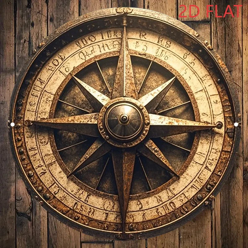 Round Rust Metal Tin Sign Vintage Compass Print Wall Decor, Non LED 2D Flat Metal Plaque For Beach Cabin Garage Man Cave