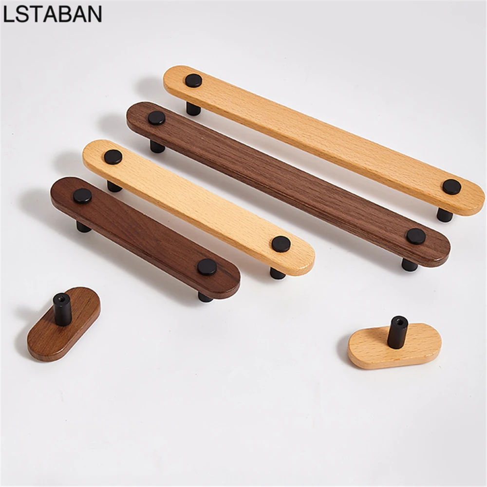Natural Wooden Kitchen Cupboard Door Handle Beech Walnut Wood Furniture Drawer Pull Simple Zinc Alloy Hardware Cabinet Door Knob