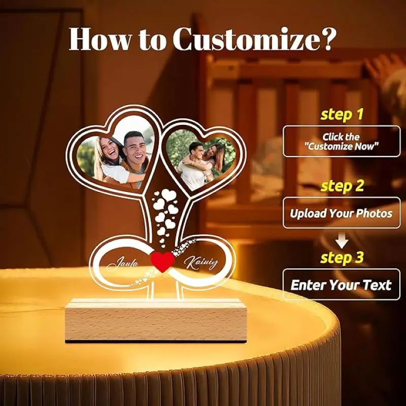 

Custom Couples Gifts for Her Him, Personalized Picture Frame with Photo, Acrylic with LED Night Light, Gifts for Girlfriend