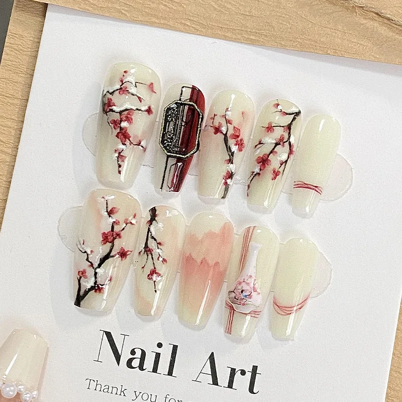 

10PCS handmade coffin shaped nail art, beautiful fake nails, Chinese style wintersweet art nail art, suitable for women to use