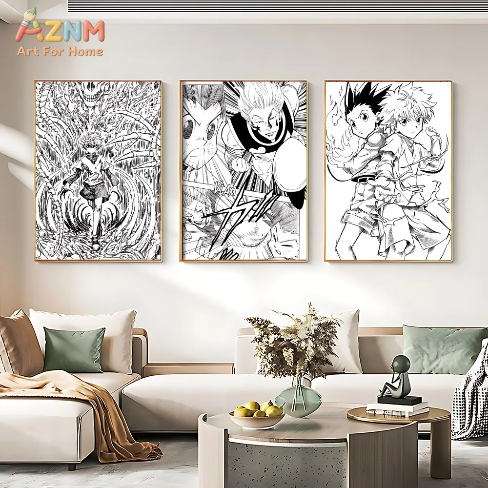 AZNM Hunter X Hunter Black White Manga Canvas Print Unframed Gon Killua Hisoka Anime Line Art Poster Boys Room Wall Decor Painti - view 3
