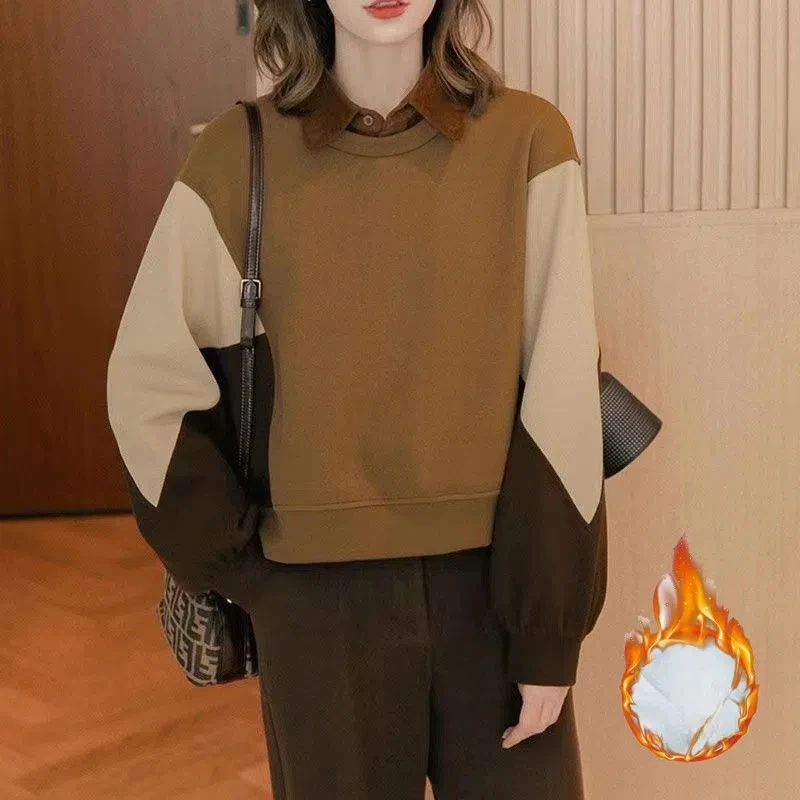 Office Lady Autumn Winter Women\'s Clothing Round Neck Pullover Lantern Long Sleeve Contrast Color Casual Loose Elegant Tops