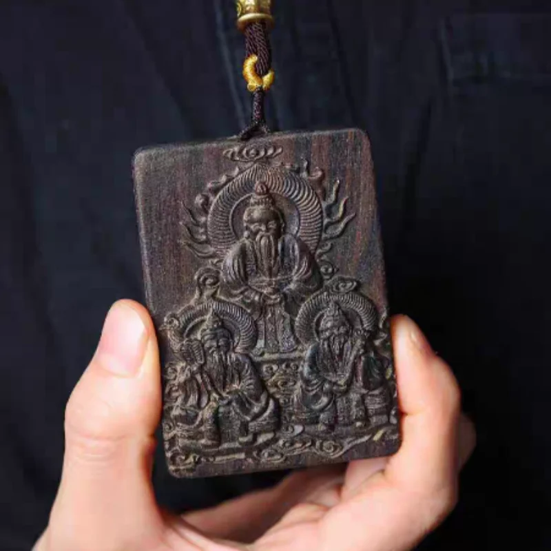 Vintage Wood Carved Sanqing Taoist Token - Car Hanging Amulet & Handle Piece, Exquisite Feng Shui Auspicious Taoist Craft Collec