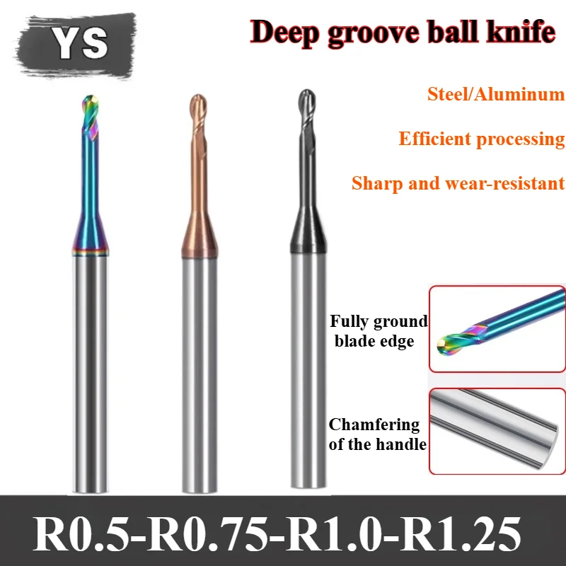 HRC62 Long Neck 2-edge Ball End Milling Cutter, CNC Deep Groove Milling Cutter Made of Hard Alloy for Steel/aluminum, R0.5 R1.0