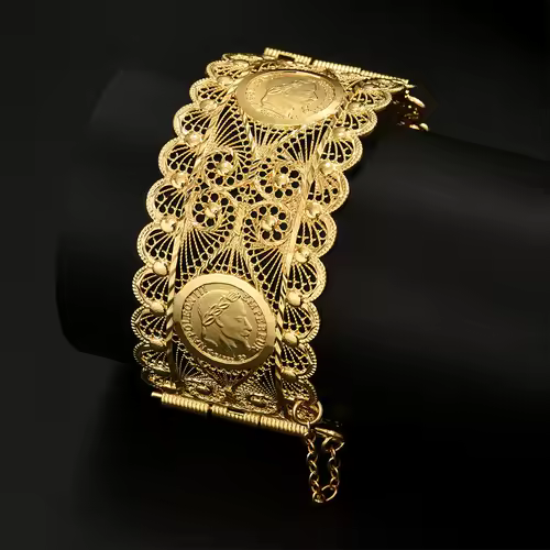 An Algerian Bride's Bracelet Jewelry With Napoleon Graphic Coin Design Finely Carved, A Wrist Accessory For Wedding Dress - Image 5