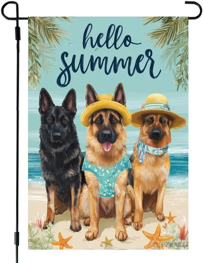 Hello Summer German Shepherd Garden Flag 12x18 Flax Inch Double Sided Outside, Seasonal Holiday Yard Outdoor Decoration Suit yyi