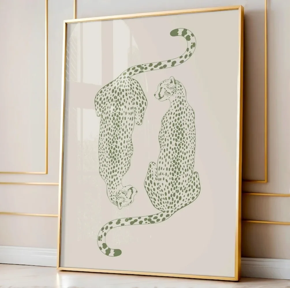 Impresión de pared de guepardo de moda verde salvia, decoración de apartamento, decoración de dormitorio universitario, pintura en lienzo sin marco