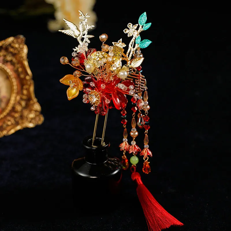 Xiuhe Headdress Flexible Ancient Costume Zircon Retro Exquisite Style Hairpin Simple for Taking Photos