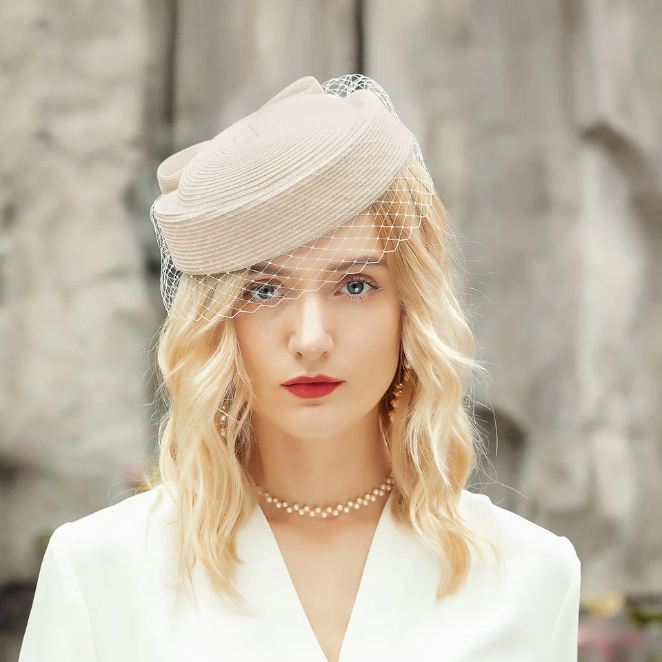 FS Fascinator White Pillbox Hats French Beret With Veil 